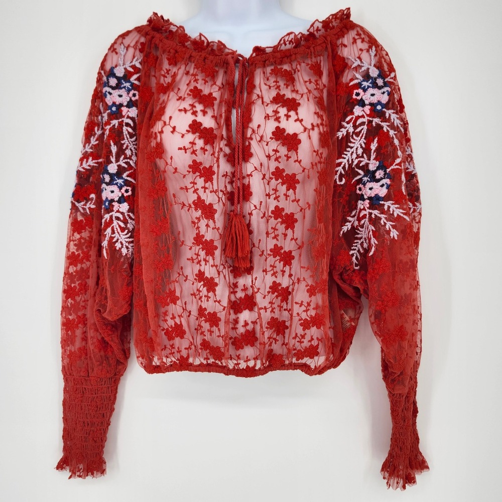 Free People Red Sheer Lace Floral Boho Top Womens XS Romantic Ethereal Fairy
